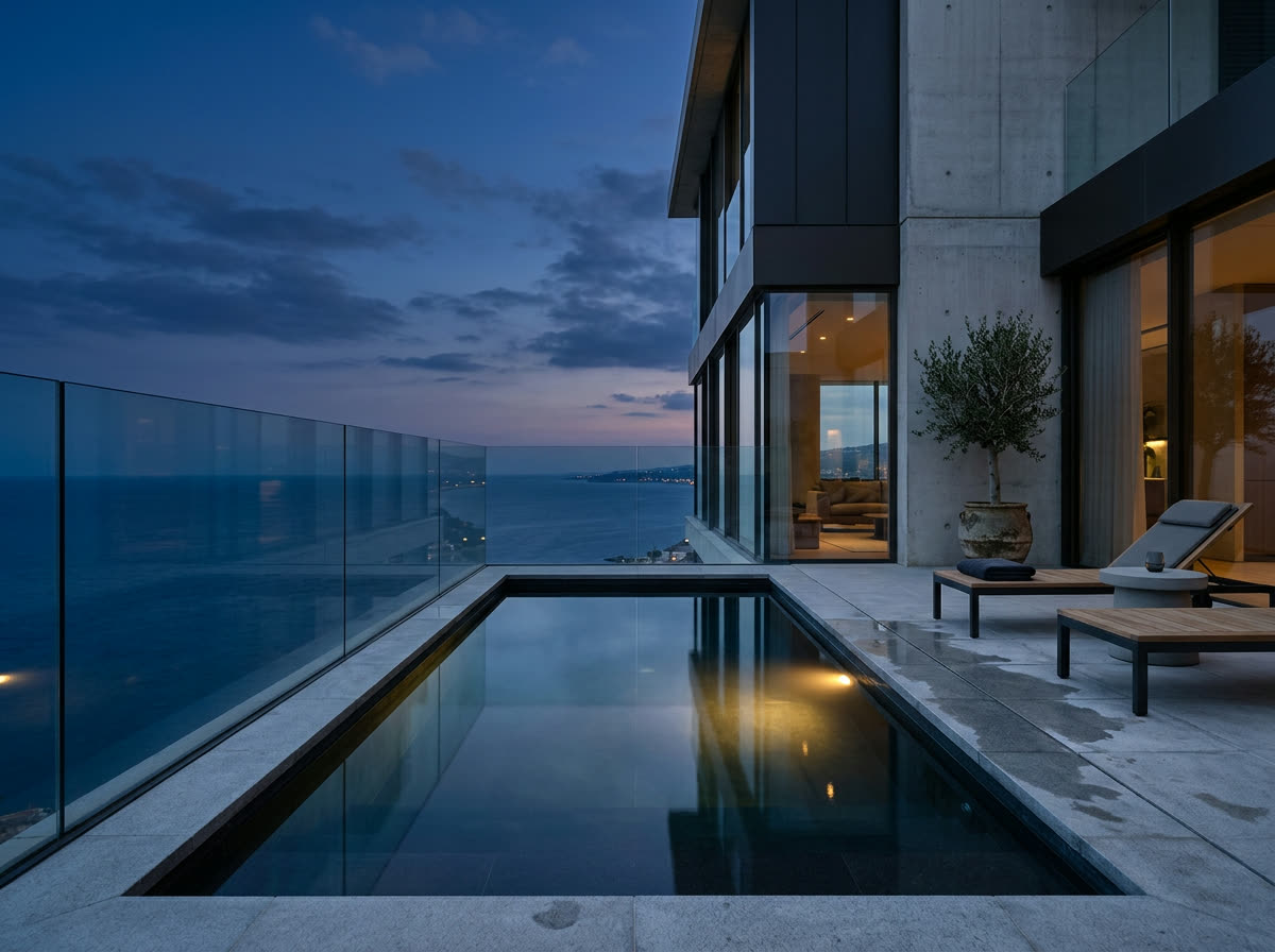 Crown Penthouse private terrace with plunge pool at dusk
