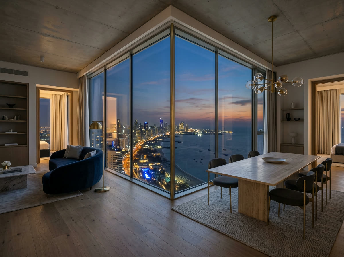 Horizon two-bedroom: wraparound corner glass with city and sea views