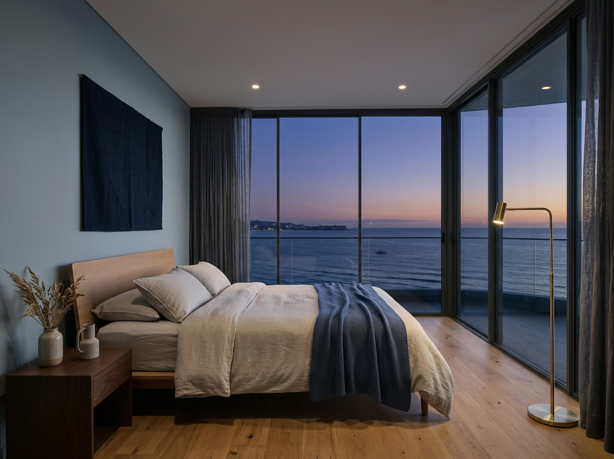 Skyline one-bedroom: bed facing a full glass wall over the sea